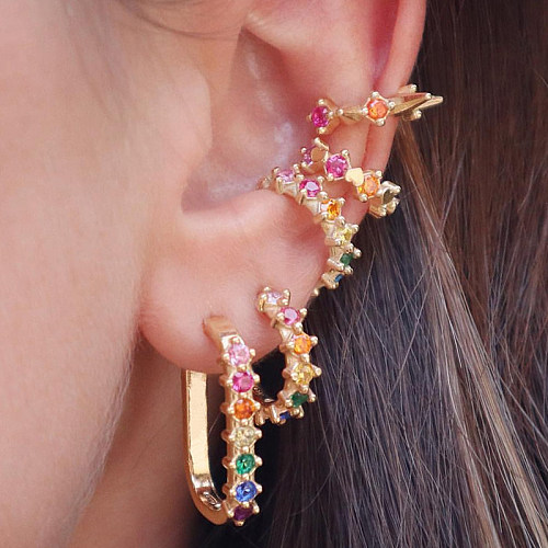 1 paire de clous d'oreilles ronds en forme de cœur, Style classique coréen, incrustation de cuivre Zircon plaqué or blanc, plaqué or