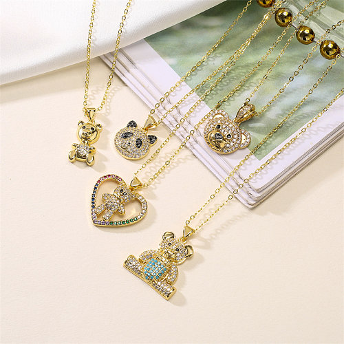 Cute Retro Bear Panda Heart Shape Copper Plating Inlay Zircon Gold Plated Pendant Necklace