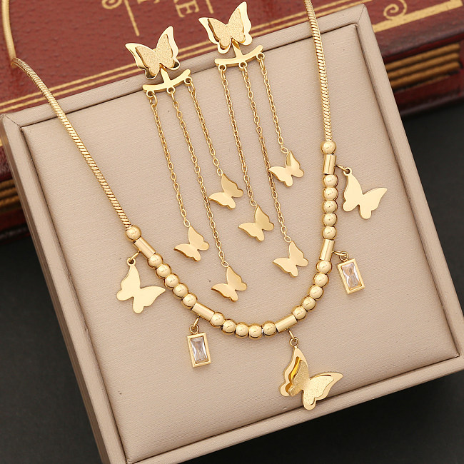 Großhandel elegante Schmetterling Edelstahl künstliche Diamant Armbänder Ohrringe Halskette