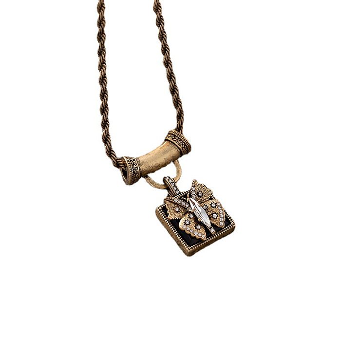 Retro Butterfly Copper Inlay Rhinestones Pendant Necklace