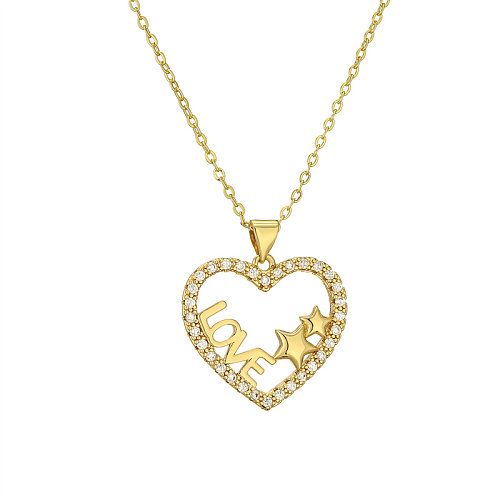 Streetwear-Halskette mit Buchstaben-Herzform, Kupferbeschichtung, Inlay, Zirkon, vergoldet