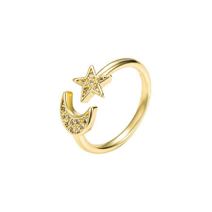 Fashion Copper Inlaid Zircon Star Moon Ring