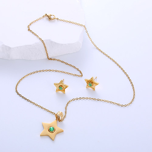 Simple Style Pentagram Stainless Steel Inlay Turquoise 18K Gold Plated Earrings Necklace Jewelry Set