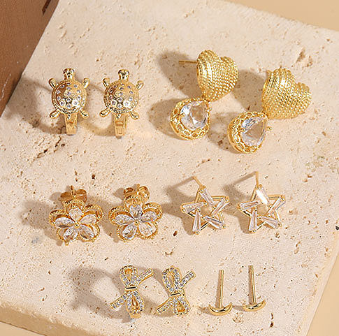 1 Pair Elegant Star Heart Shape Bow Knot Copper Asymmetrical Inlay Zircon 14K Gold Plated Earrings Ear Studs