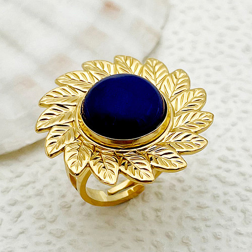 Wholesale Elegant Retro British Style Flower Stainless Steel Plating Inlay Gold Plated Artificial Gemstones Open Rings