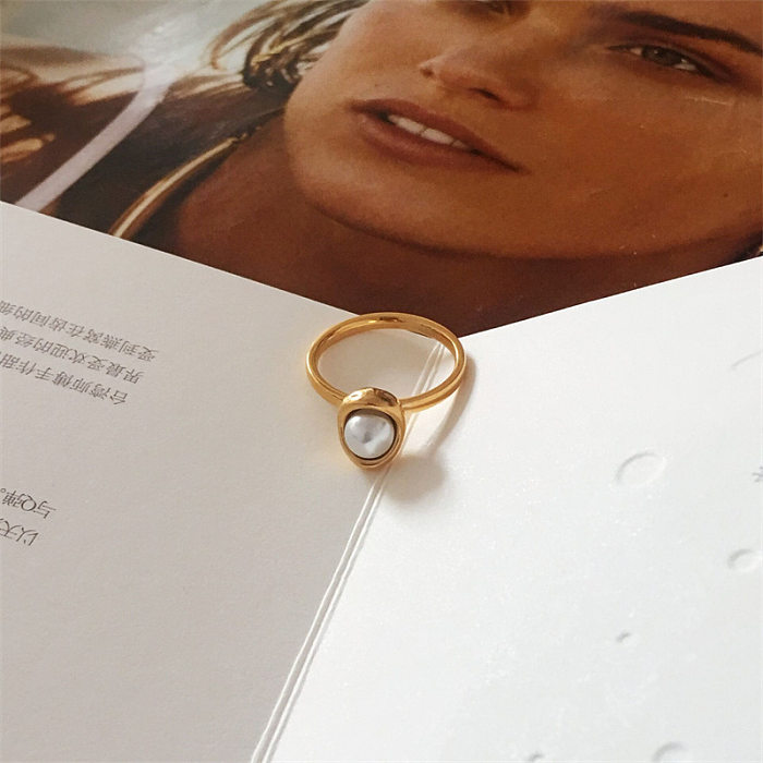 Anillos de perlas artificiales con incrustaciones de acero inoxidable con anillo doble geométrico de estilo simple