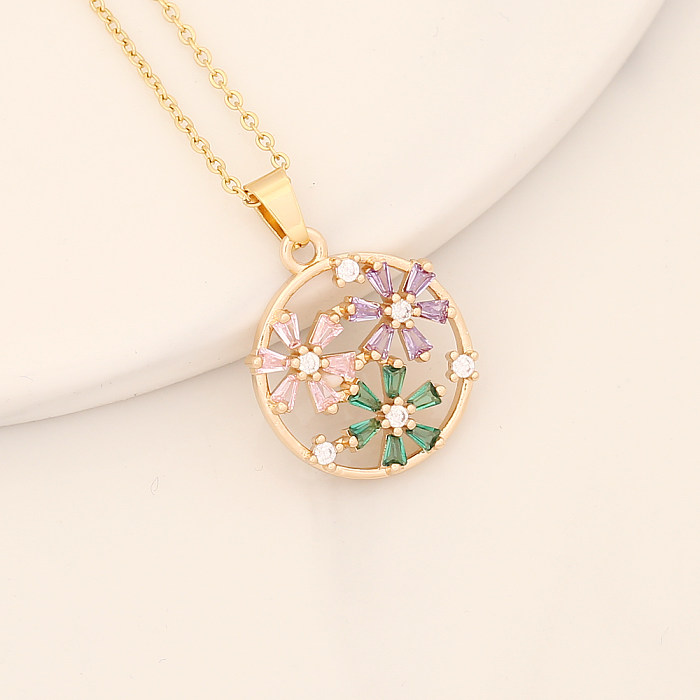 Romantic Sweet Commute Heart Shape Flower Copper Plating Inlay Zircon Pendant Necklace