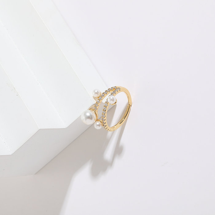 1 Stück modischer C-förmiger offener Ring aus Kupfer mit künstlichen Perlen und Zirkon