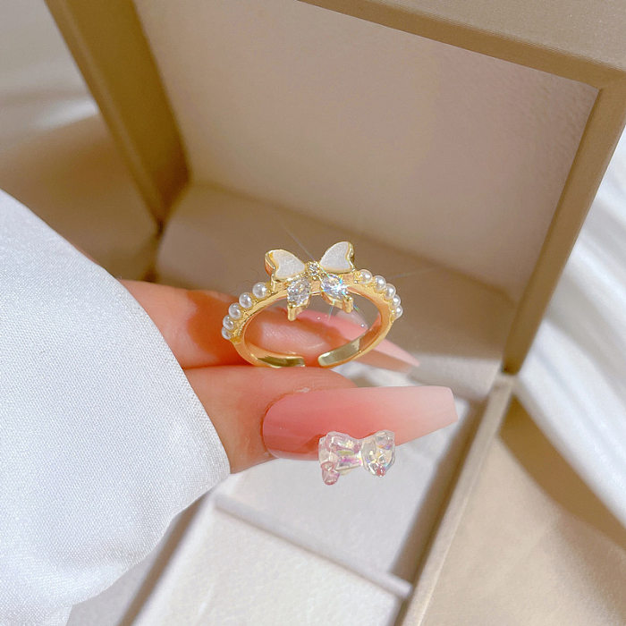 1 Piece Fashion Butterfly Brass Enamel Plating Inlay Zircon Open Ring