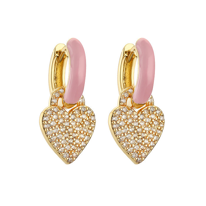 1 paire de boucles d'oreilles élégantes en forme de cœur, incrustation d'émail en cuivre et diamant artificiel
