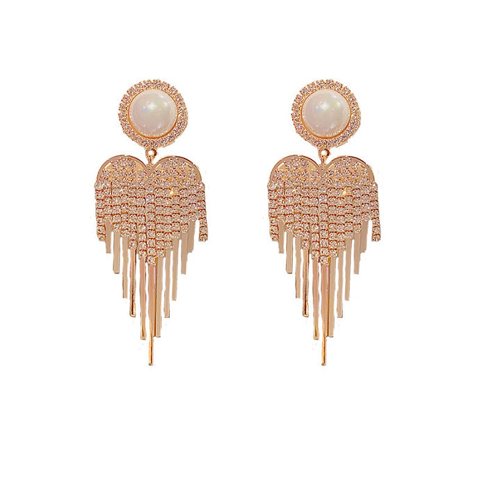 1 Pair Elegant Tassel Heart Shape Plating Inlay Copper Zircon 14K Gold Plated Drop Earrings