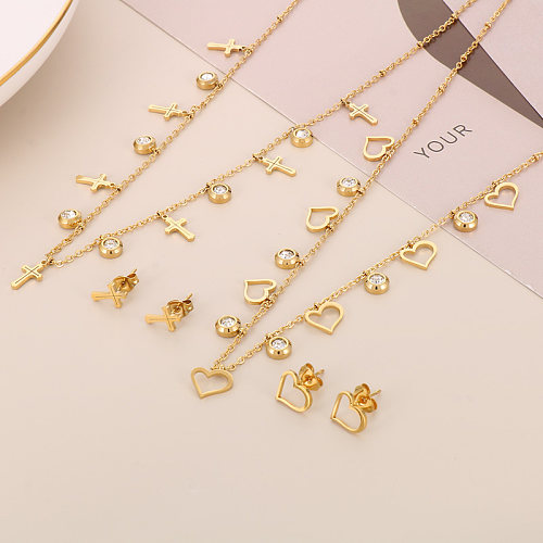 Elegant Lady Cross Heart Shape Solid Color Titanium Steel Polishing Plating 18K Gold Plated Earrings Necklace