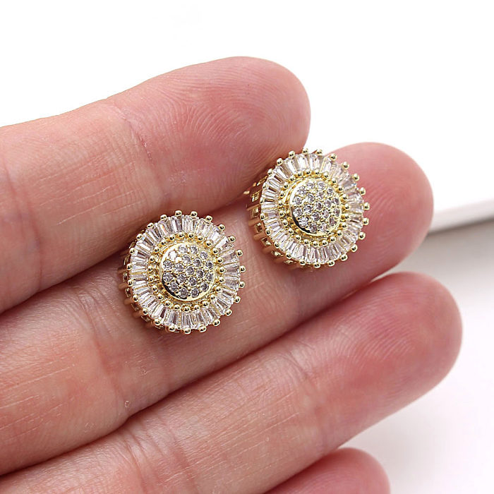 1 Pair IG Style Simple Style Round Daisy Plating Inlay Copper Zircon Gold Plated Ear Studs