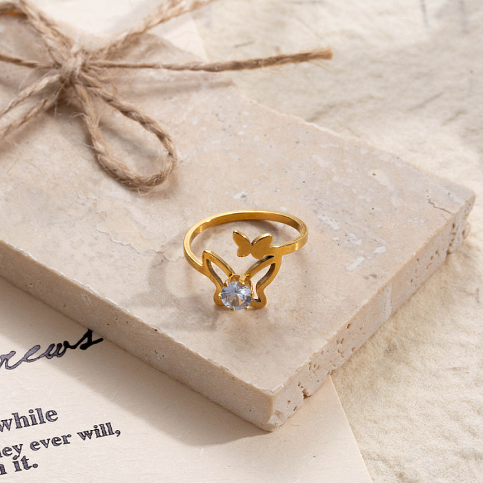 Anillos chapados en oro de los diamantes artificiales del acero inoxidable 18K de la mariposa de la flor del estilo de IG a granel