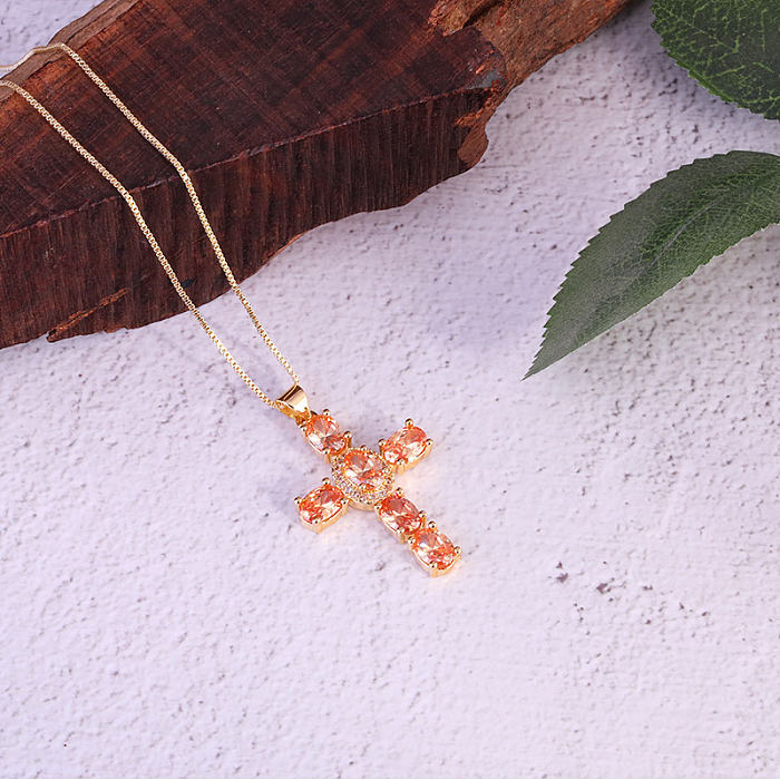 Streetwear Cross Copper Zircon Pendant Necklace In Bulk