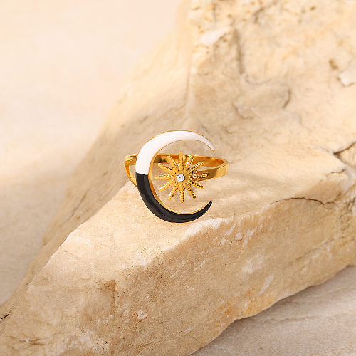Nova moda preto e branco pingando estrela da lua ouro 18K anel de aço inoxidável