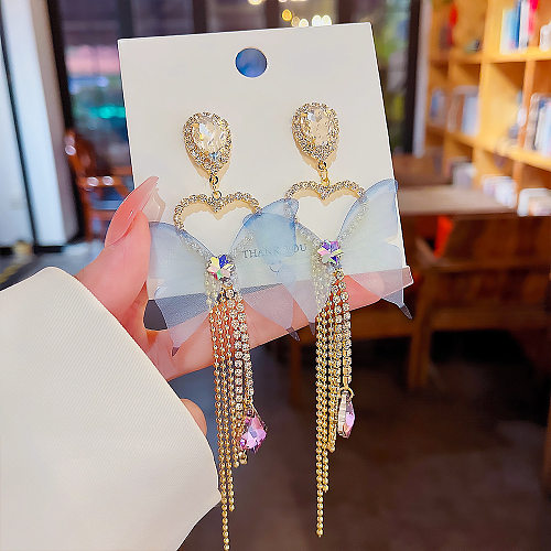 1 Pair Fairy Style Tassel Heart Shape Butterfly Inlay Copper Zircon Drop Earrings