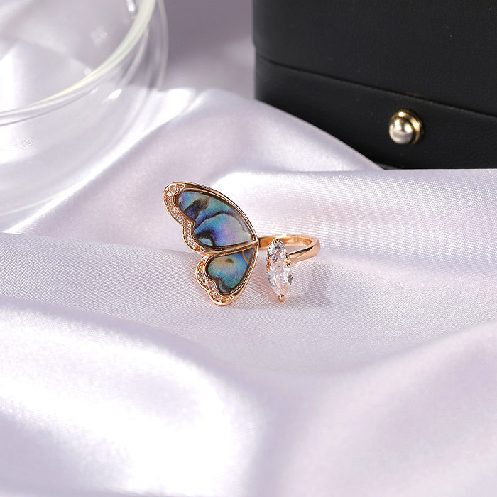New Fantasy Seashell Wings Colorful Butterfly Micro-inlaid Zircon Copper Open Ring