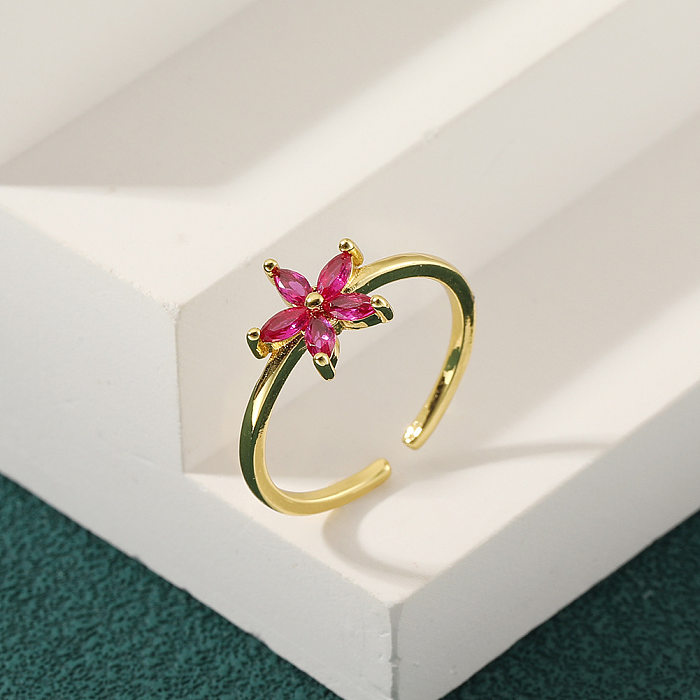 Simple Style Leaf Flower Copper Inlay Zircon Rings