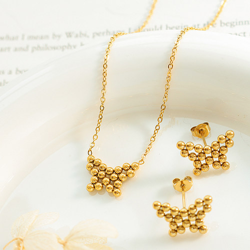Lässige, süße Schmetterlings-Ohrring-Halskette mit Titanstahlbeschichtung und 18-Karat-Vergoldung