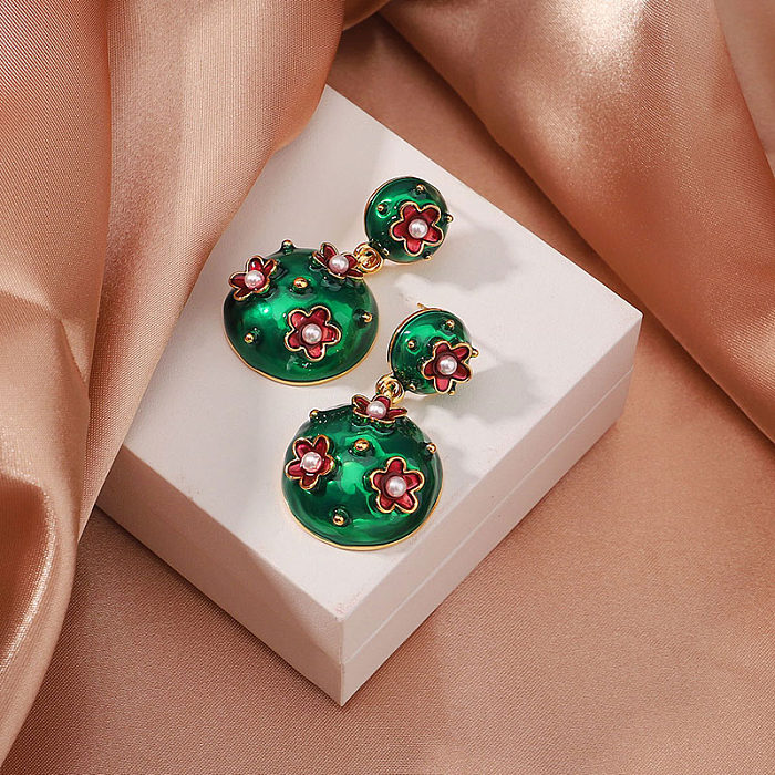 1 Pair Retro Round Flower Plating Inlay Copper Freshwater Pearl Zircon 18K Gold Plated Drop Earrings