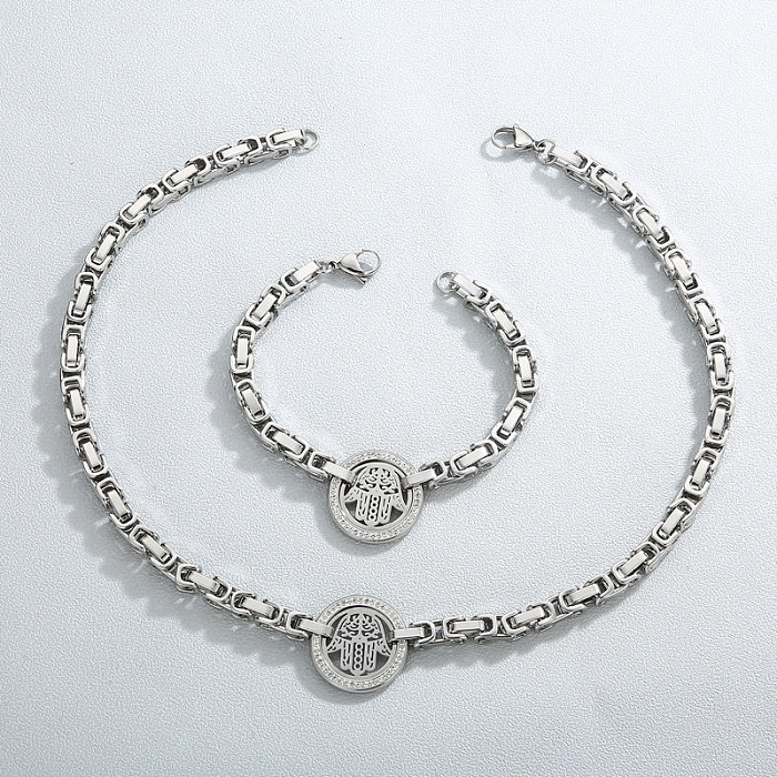 Elegant Round Palm Titanium Steel Plating Inlay Artificial Diamond Bracelets Necklace