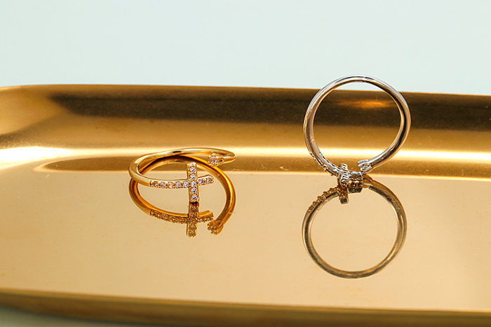Moda simples cruz aberta incrustada zircão anel de cobre joias por atacado