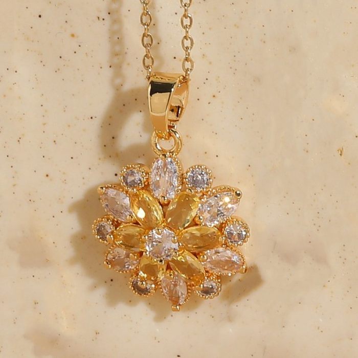 Elegant Luxurious Flower Copper Inlay Zircon 14K Gold Plated Pendant Necklace