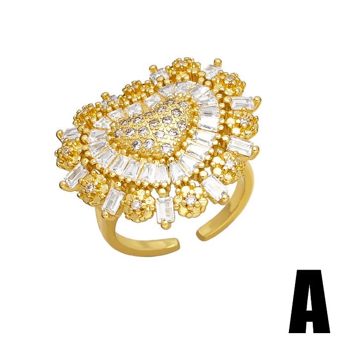 Casual Simple Style Streetwear Geometric Heart Shape Copper Plating Inlay Zircon 18K Gold Plated Open Rings