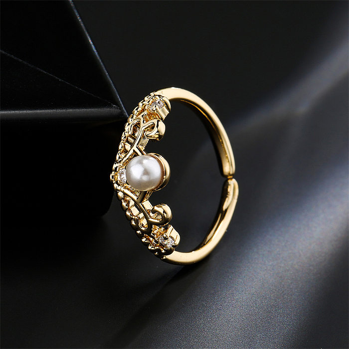 New Copper Zircon Pearl Crown Shape Geometric Open Ring Wholesale