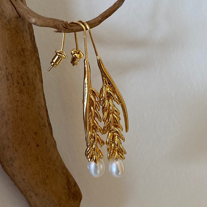 1 Pair Bohemian Printing Plating Inlay Copper Pearl Drop Earrings