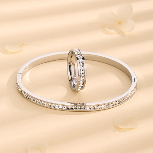 Elegant Solid Color Titanium Steel Plating Inlay Rhinestones 18K Gold Plated Rings Bracelets