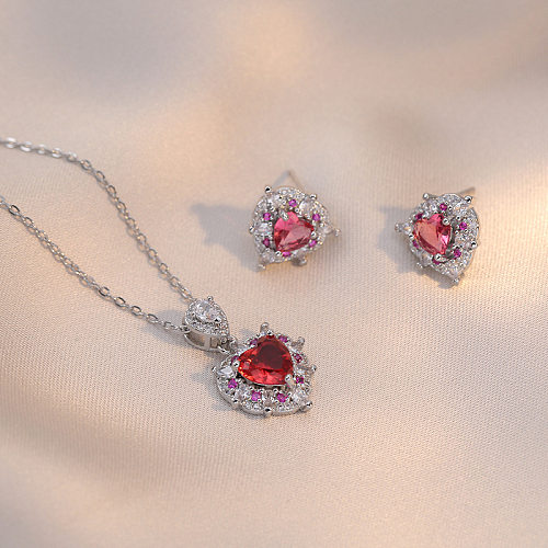 Luxueux coeur forme titane acier incrusté Zircon femmes boucles d'oreilles collier ensemble de bijoux