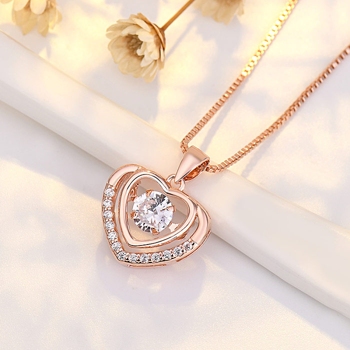 Korean Style Heart Shape Copper Plating Inlay Zircon Pendant Necklace 1 Piece