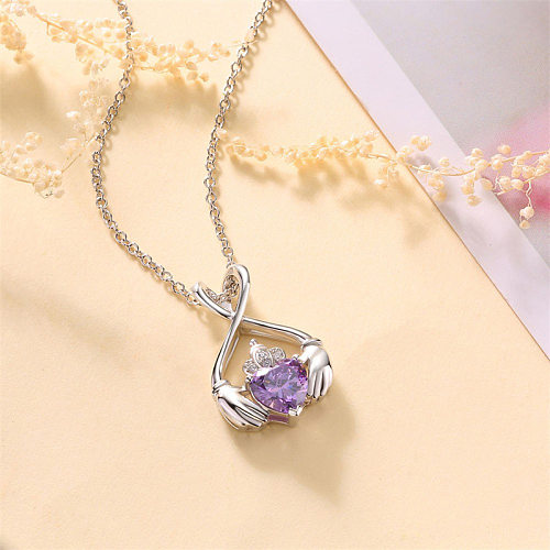 Elegant Lady Classic Style Hand Heart Shape Crown Copper Inlay Zircon Pendant Necklace
