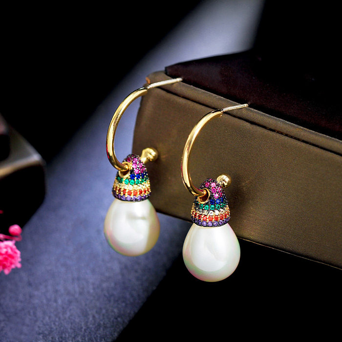 1 paire de boucles d'oreilles pendantes plaquées or 14 carats, style ethnique, style vintage, incrustation géométrique douce, imitation perle, cuivre, alliage de cuivre, diamant artificiel