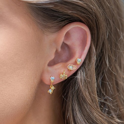 Niedliche, schlichte Ohrringe mit Schlossbär-Herzform, Intarsien aus Messing und Zirkon, 18 Karat vergoldet