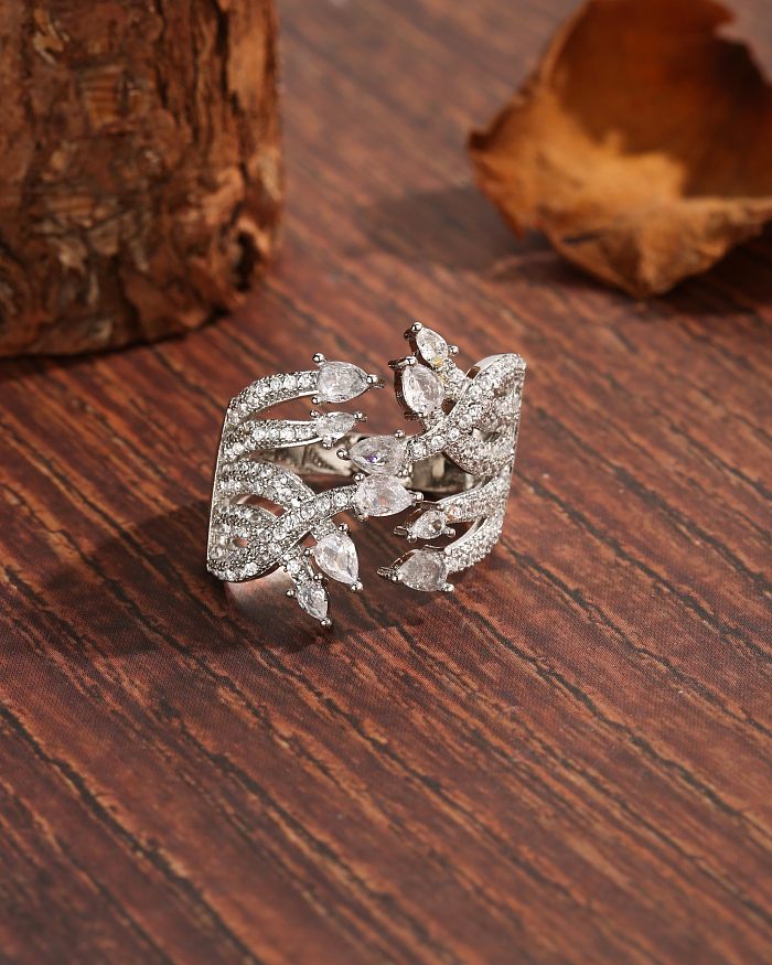 Luxurious Modern Style Korean Style Cross Water Droplets Lines Copper Plating Inlay Zircon Open Rings