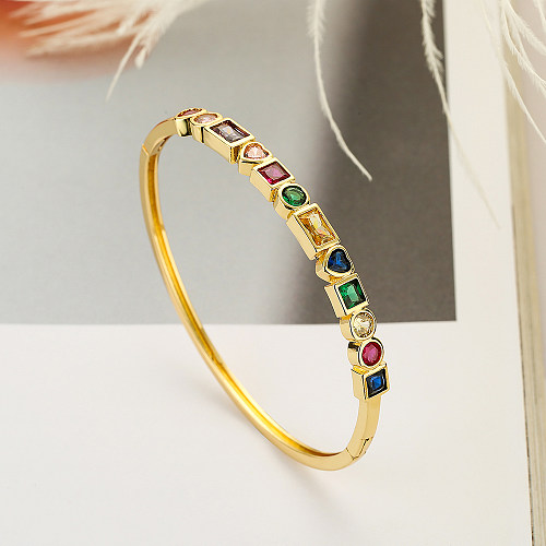 Modern Style Round Square Heart Shape Copper Plating Inlay Zircon 18K Gold Plated Bangle