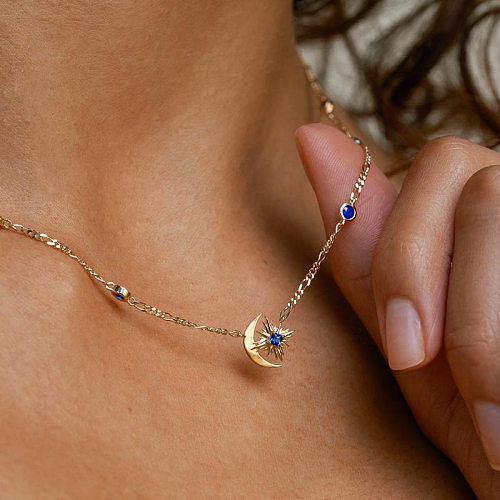 Casual Simple Style Commute Star Moon Copper 18K Gold Plated Zircon Pendant Necklace In Bulk