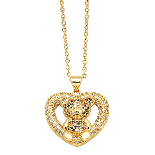 Simple Style Little Bear Heart Shape Copper 18K Gold Plated Zircon Pendant Necklace In Bulk