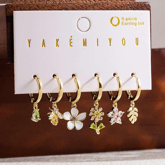 1 Set Simple Style Leaf Flower Asymmetrical Chain Copper Zircon 14K Gold Plated Drop Earrings