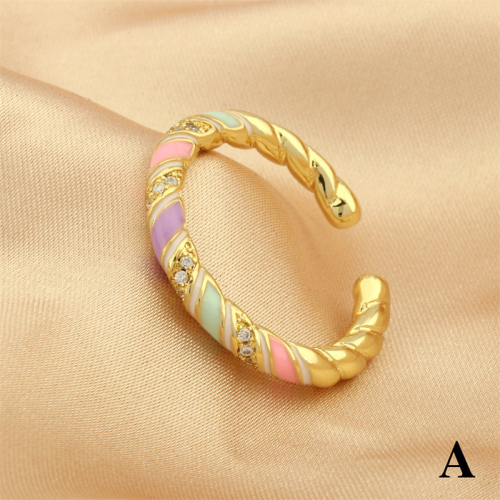 Simple Style Twist Copper Enamel Plating Inlay Zircon 18K Gold Plated Open Rings
