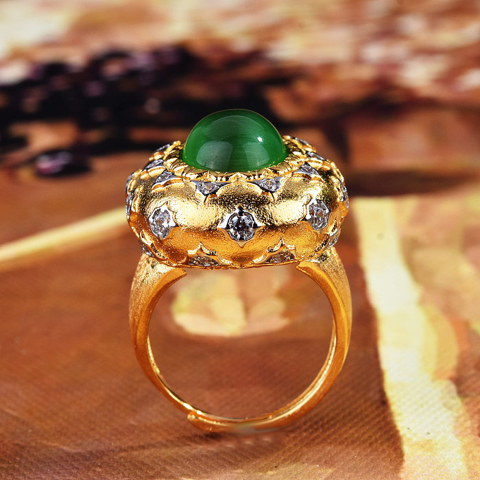 Retro Oval Copper Inlay Artificial Gemstones Opal Open Ring 1 Piece