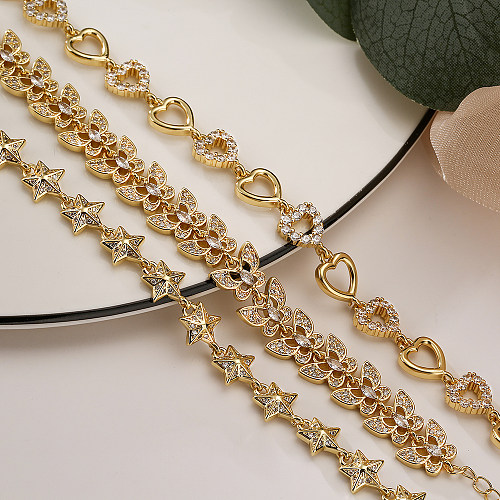 Bracelets plaqués or 18 carats en Zircon, style Simple et doux, en forme d'étoile, de cœur, de papillon, avec incrustation de cuivre