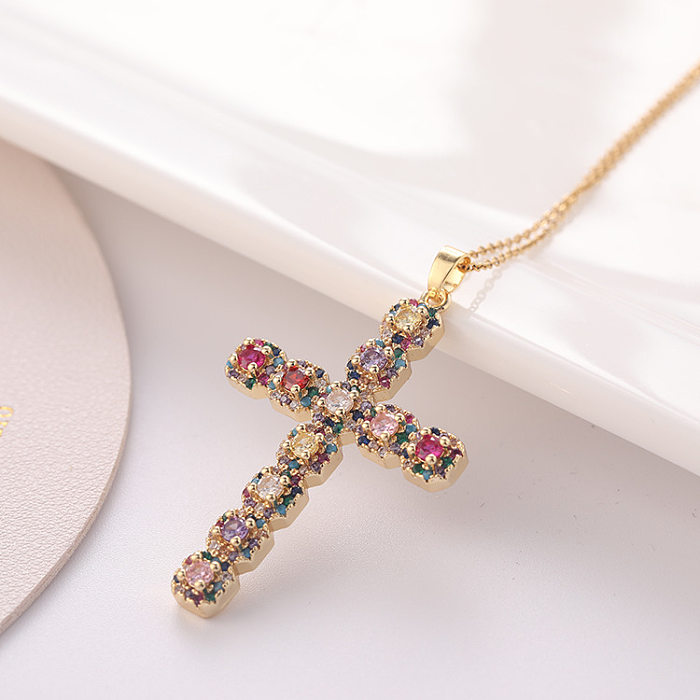 Streetwear Cross Copper Plating Inlay Zircon Pendant Necklace Sweater Chain