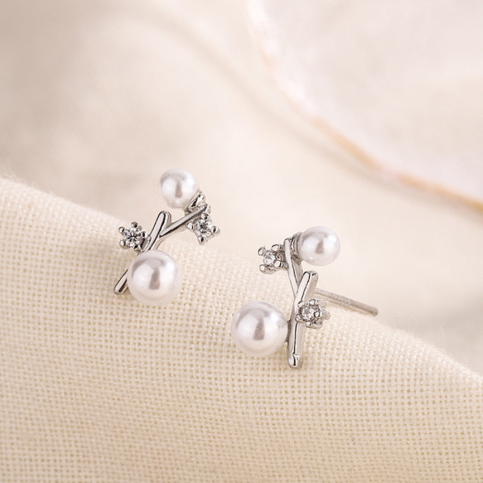 Fashion Geometric Copper Inlay Artificial Pearls Zircon Ear Studs 1 Pair