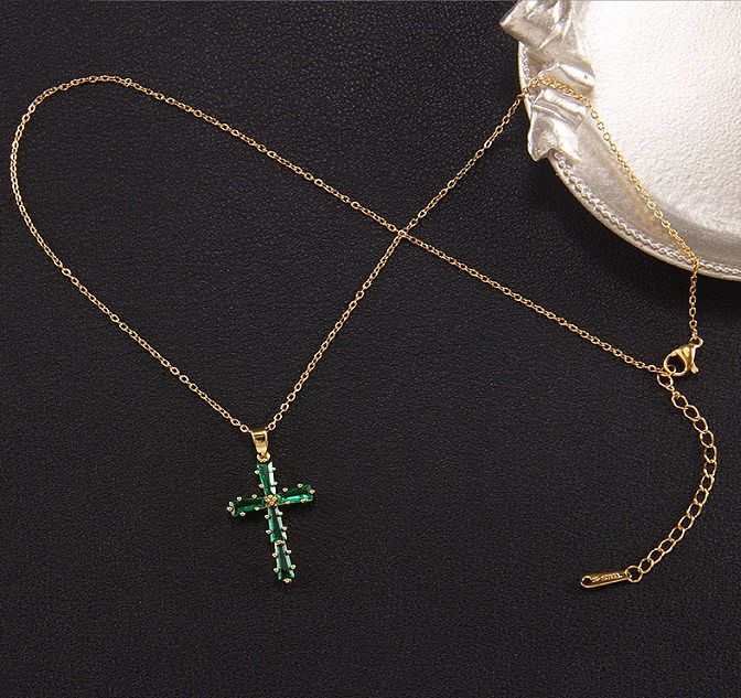 Elegant Lady Cross Copper Plating Inlay Zircon Pendant Necklace