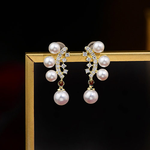 1 paire de clous d'oreilles plaqués or 14 carats, Style français rétro, incrustation ronde en cuivre, perles artificielles en Zircon