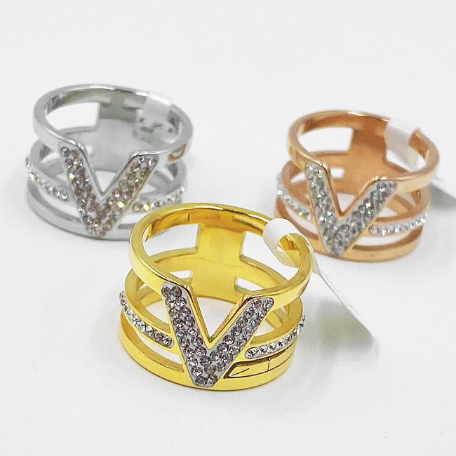 Retro V Shape Titanium Steel Zircon Rings In Bulk